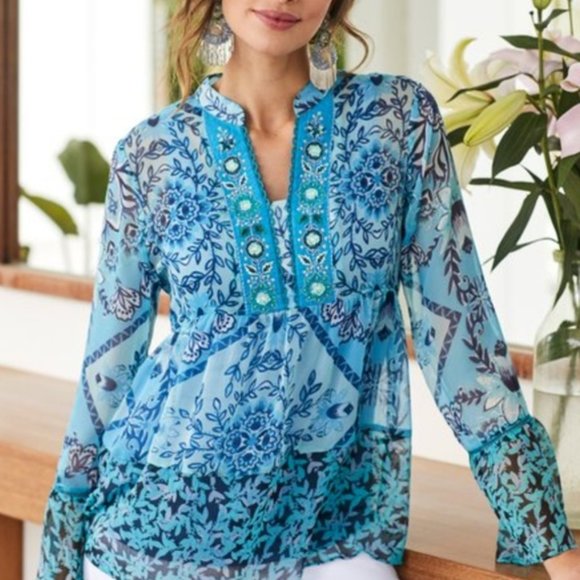 Soft Surroundings Blue Floral Blouse - Picture 2 of 14